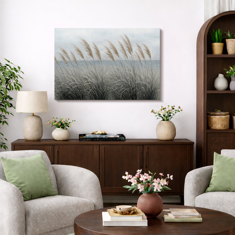 Œuvre neutre d'herbe côtière, photos de salon bord de mer minimal, impression sur toile encadrée, Toile tendue