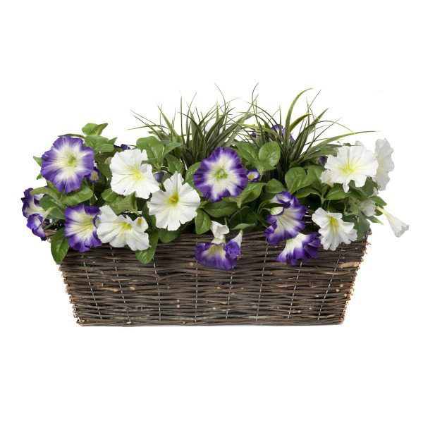 Artificial Rattan Window Box with Petunias & Green Grasses & Foliage