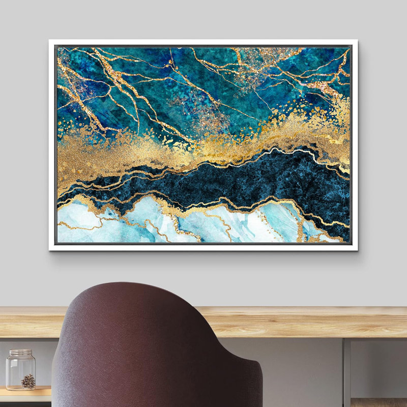 Or et sarcelle marbré foncé, paysage abstrait, formes modernes, sur toile, H 16 po x l 24 po x P 1,5 po, Cadre flottant blanc