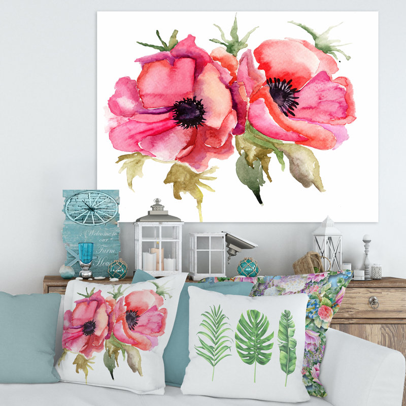 Fleurs de coquelicot stylisées - peinture sur toile, H 16 po x l 32 po x p 1 po, Toile tendue