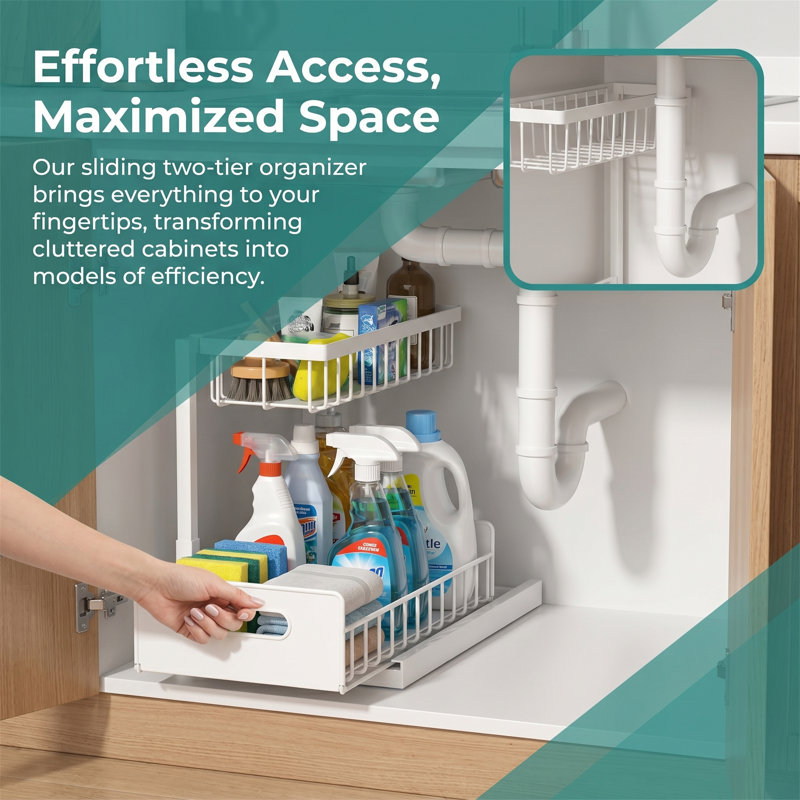 Ensemble de 2 organisateurs coulissants sous évier, tiroirs de panier d'armoire coulissants, supports de rangement en métal pour la cuisine et la salle de bain, blanc