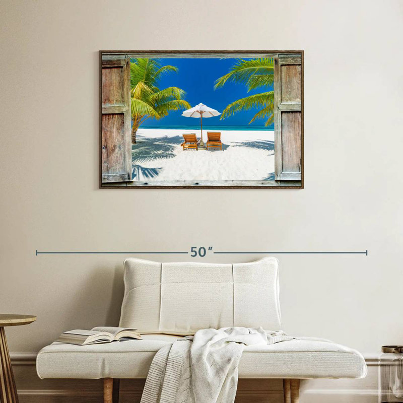 Fenêtre sur la côte des Maldives, 37 po x 25 po, Cadre flottant en noyer