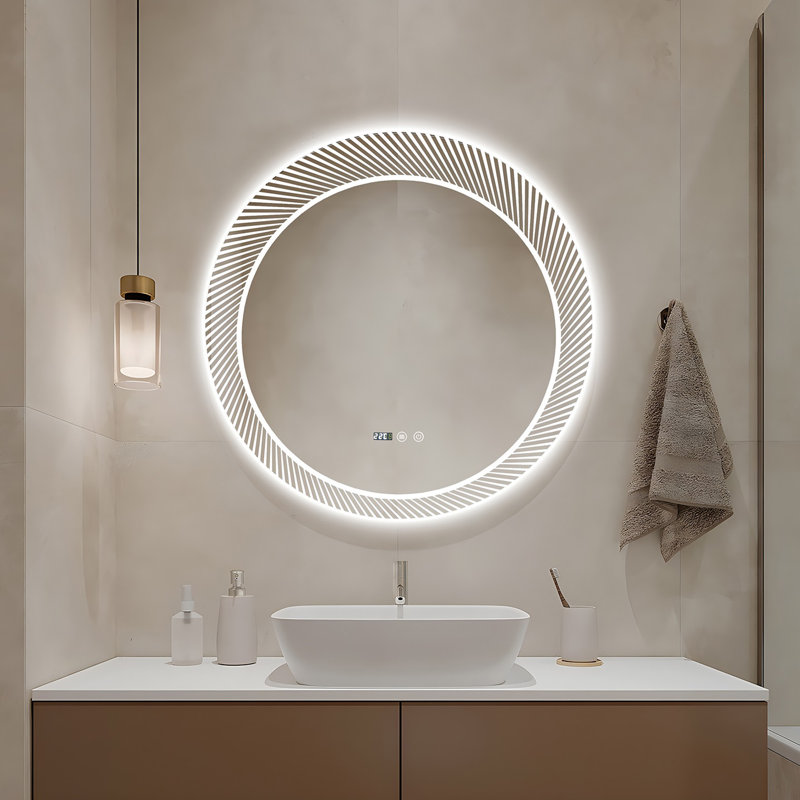 Frameless Round LED Smart Mirror With Laser Engraving Pattern, White