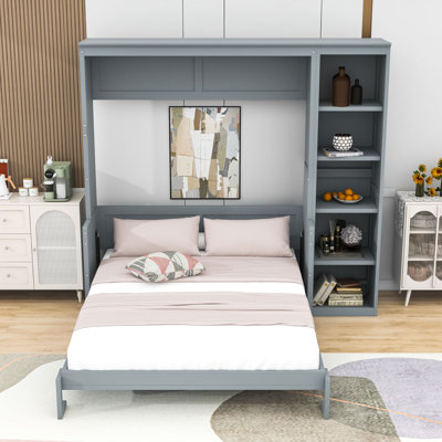 Lit escamotable en bois avec bureau et tablettes de rangement