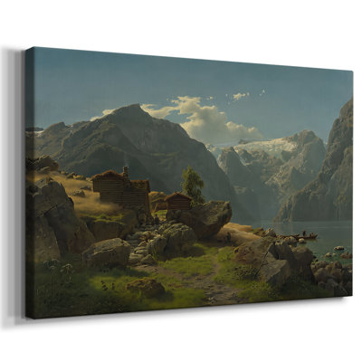 Paysage de fjords de Norvège avec cabanes - Hans Gude - Toile tendue avec châssis-c. Fin du 19e siècle
