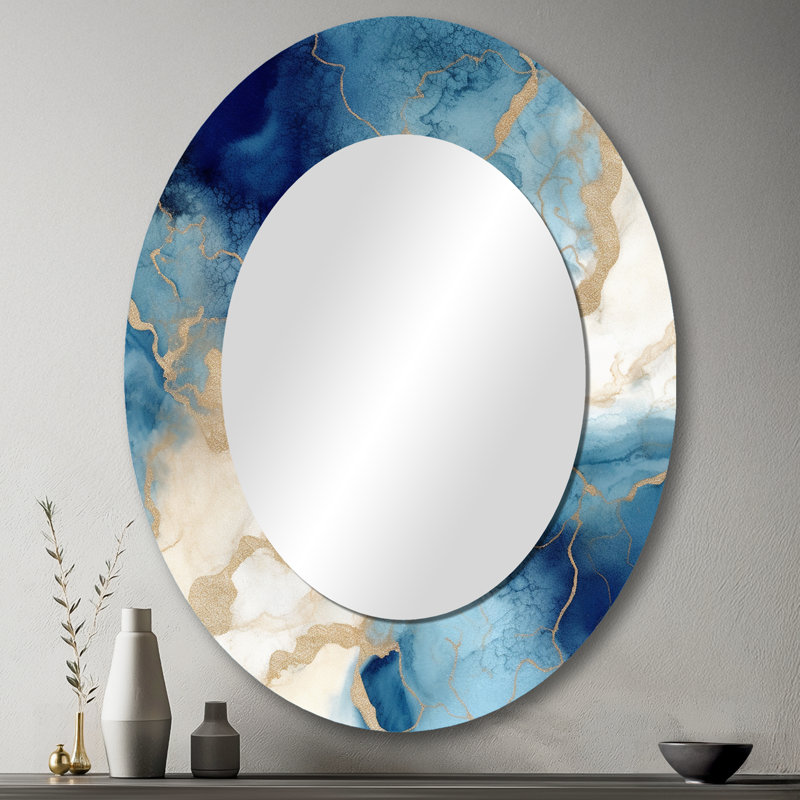 Blue And Gold Marble Clouds XI - Abstract Oval Decorative Mirror On Metal, 43" x 33"
