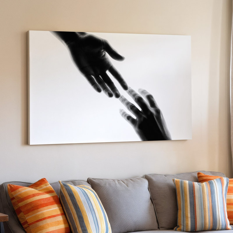 Toile, une composition minimaliste mettant en vedette deux mains de l'homme s'étendant vers chaque art mural, l'autre ensemble sur un fond blanc