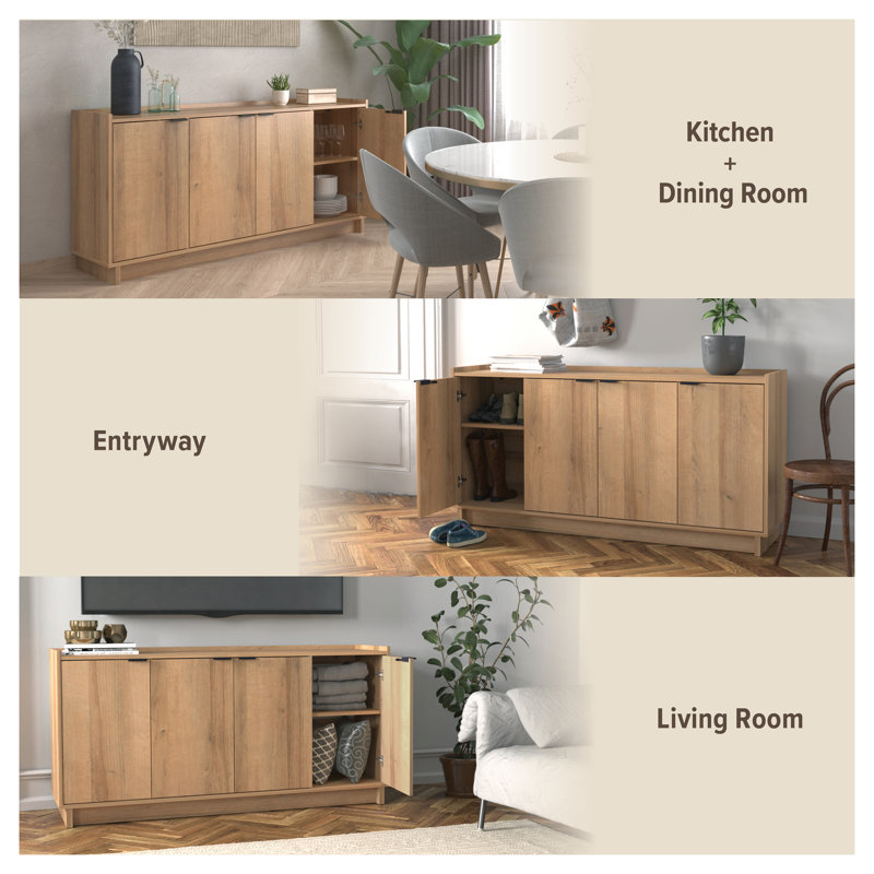 Oak 4-Door Light Wood Accent Cabinet with Adjustable Shelves