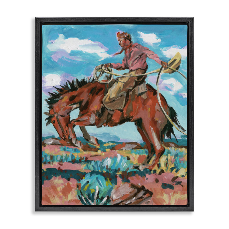 «Lassoing Cowboy Scene», art mural encadré par John Dixon, Cadre flottant noir de jais, H 21 po x l 17 po