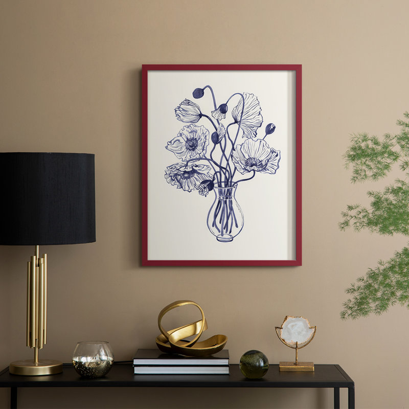 Reproduction encadrée marine coquelicots II - bois massif, Rouge, H 15 po x l 12 po
