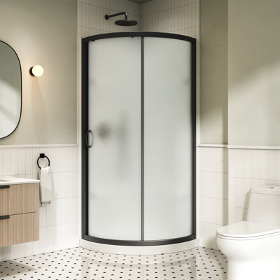 Breeze 33 in. L x 33 in. W x 77 in. H Round Corner Shower Kit in Matte Black, Frosted Sliding Door, Walls, and Pan