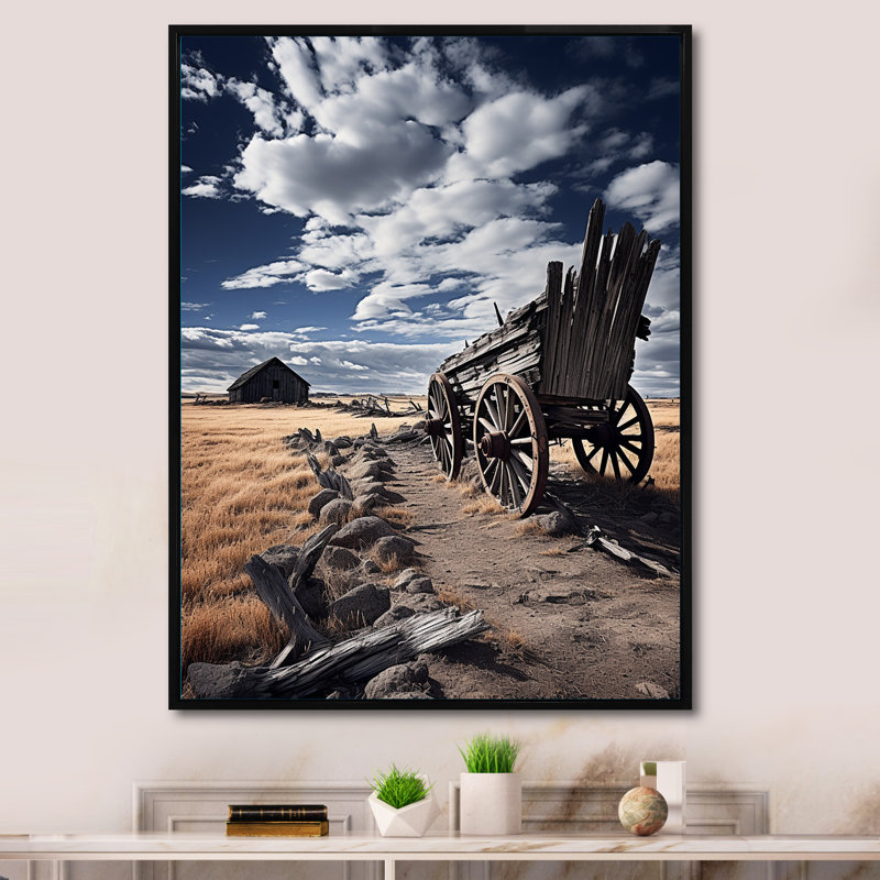 " Grey Old Cart Rustic Charm ", Black Floater Frame, 44" H x 34" W x 1.5" D