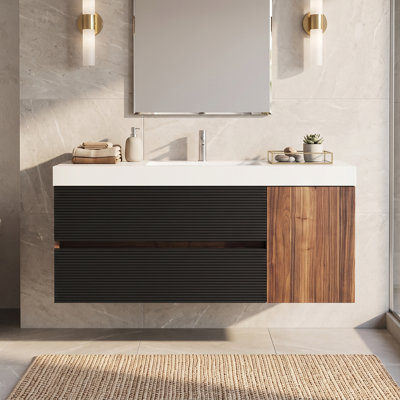 Meuble-lavabo mural 48 po en contreplaqué avec lavabo à surface solide blanc brillant, meuble-lavabo flottant en noyer avec tiroirs noirs, sans drain ni robinet, pré-assemblé