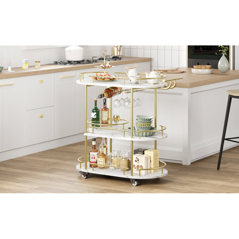 Rolling Gold Bar Cart with Wheels, 4-Tier Metal Serving Cart - Wine Rack & Glass Holder, Home Bar Storage for Kitchen Dining Room Living Room - Color: Gold