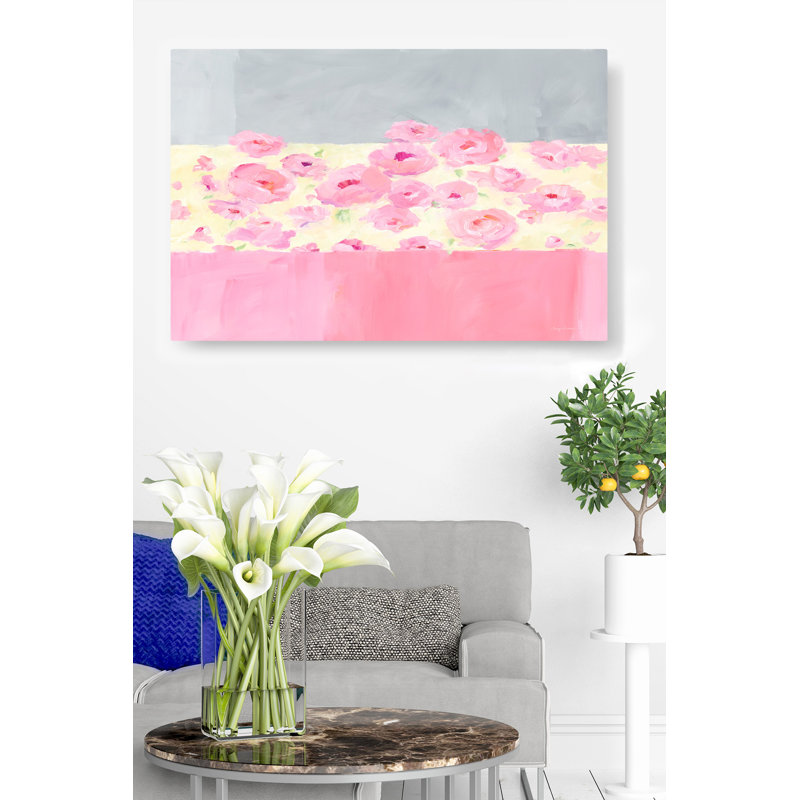 Fleurs sur fond rayé, abstrait, rose, jaune, gris, floral, aérien, doux, H 24 po x l 36 po x P 1,5 po
