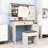Makeup Vanity with Sliding LED Mirror, Charging Station, Glass-Top Display, Dual Cabinets and Stool-1435297402