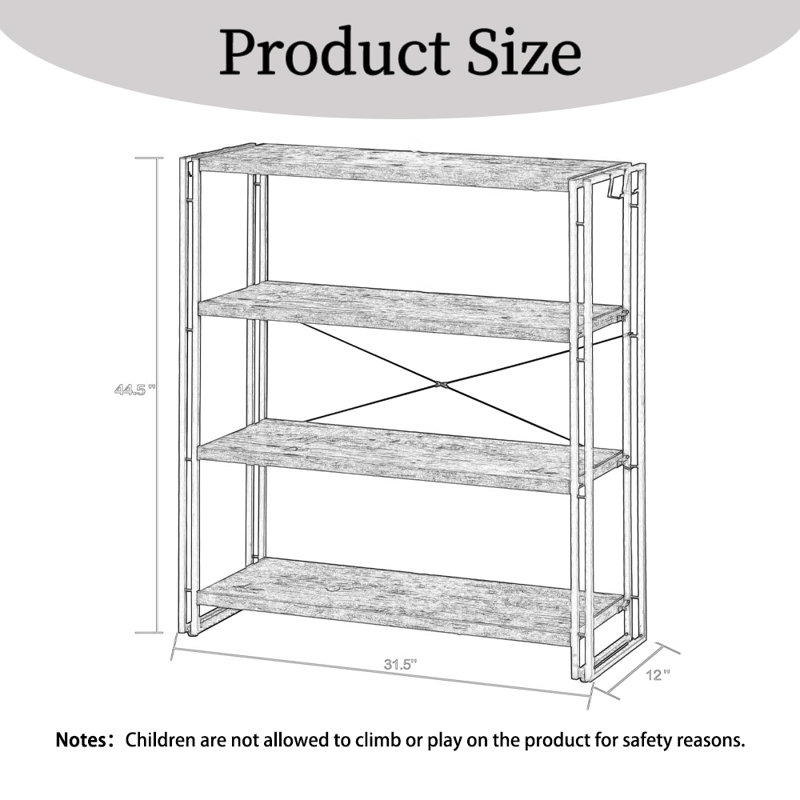 Open Industrial Bookcase Bookshelf, Freestanding Horizontal Bookshelves With Metal Frame, (4 Shelves) 44.5"H x 31.5"W x 12"D