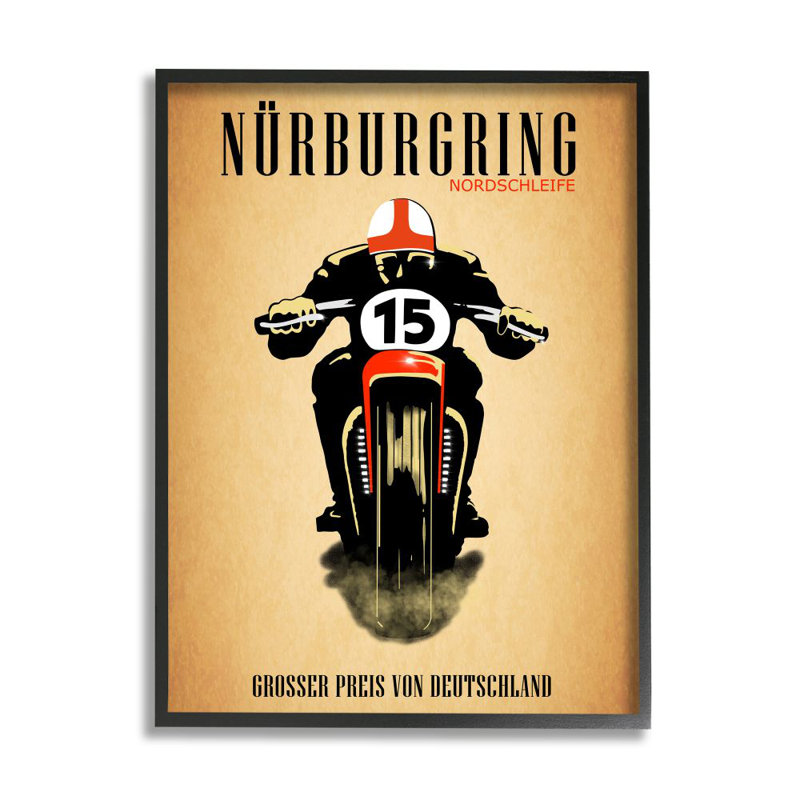 Publicité rétro de la course de motos allemandes par Mark Rogan - impression d'art graphique, Giclée encadrée noir minuit