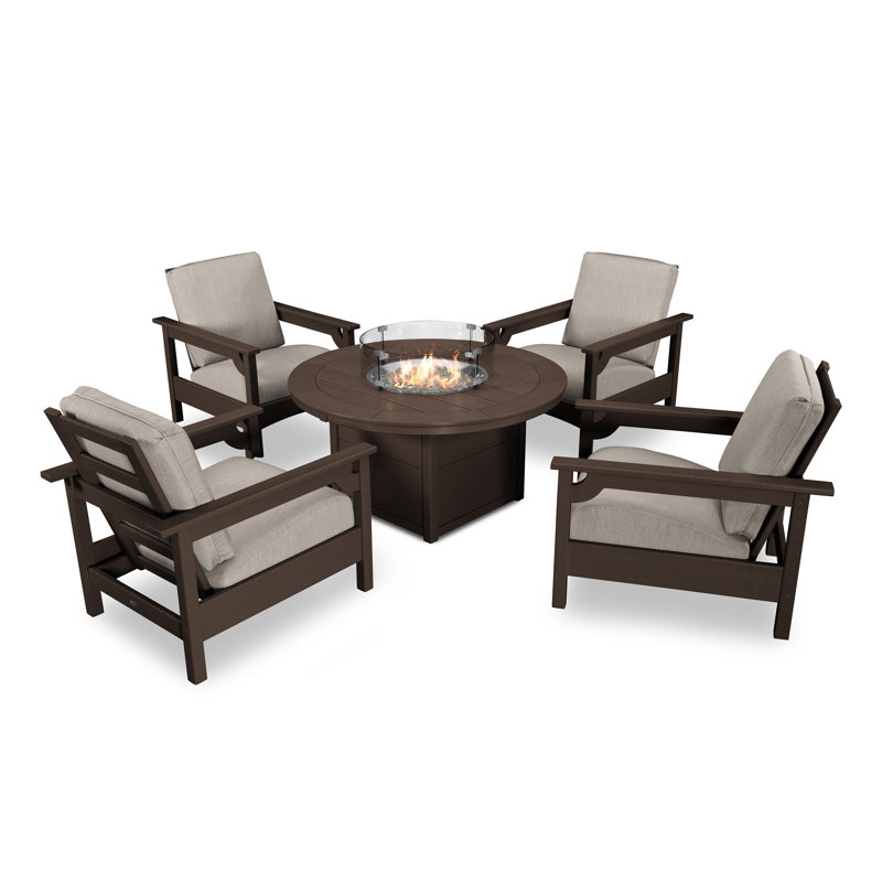 Club 5-Piece Conversation Set with Fire Pit Table, Sesame, Mahogany