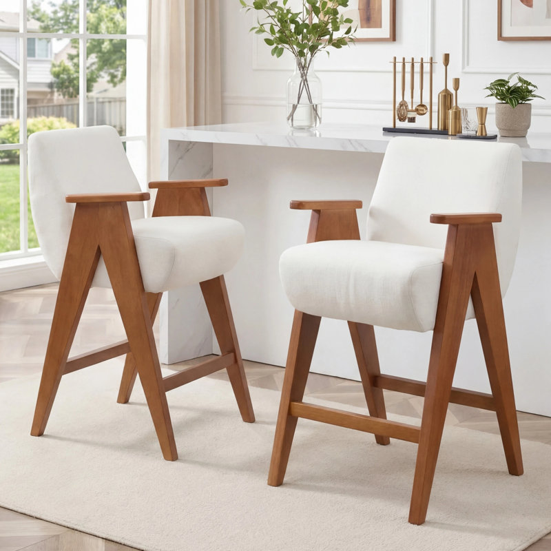 Tabouret de comptoir rembourré avec accoudoirs Kyajah, Blanc
