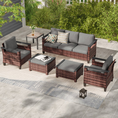 6 Piece Patio Sofa with Side Table Set, PE Rattan Conversation Couch with Cushion