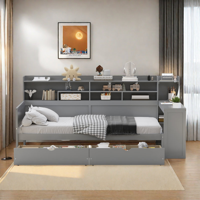 Multifunctional Wooden Daybed With Storage Shelves, Study Desk And 2 Drawers, Gray, Twin