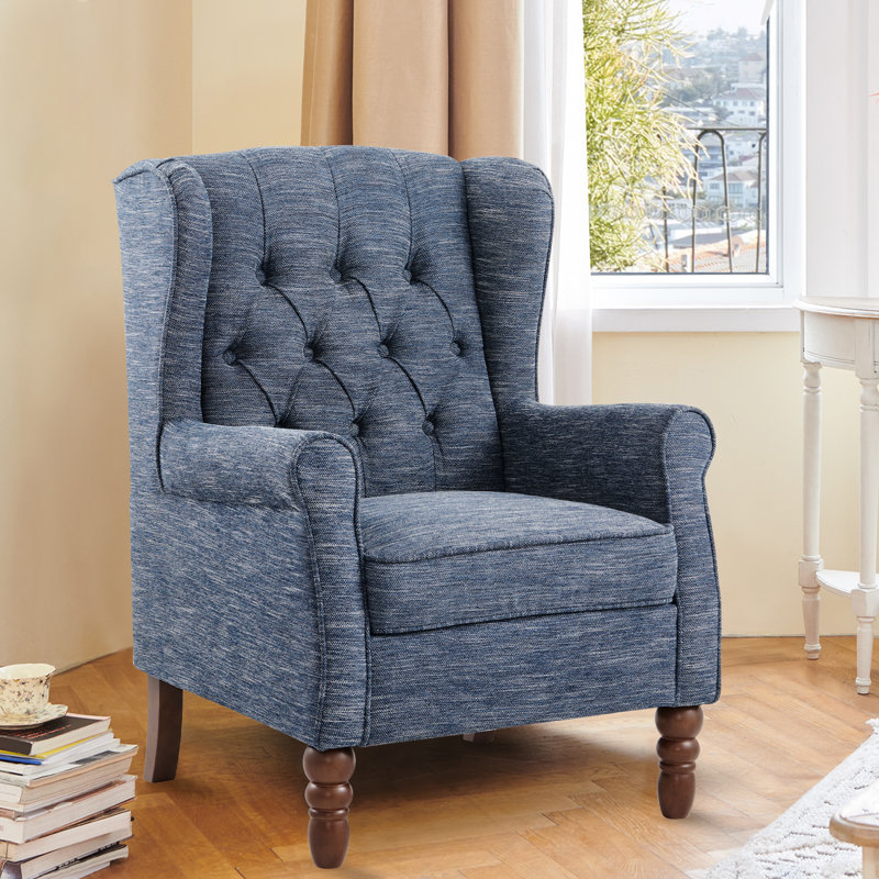 Button-Tufted Wingback Accent Chair - Solid Wood Legs with Rolled Arm &Thick Padded Cushion, Green Polyester, Brown