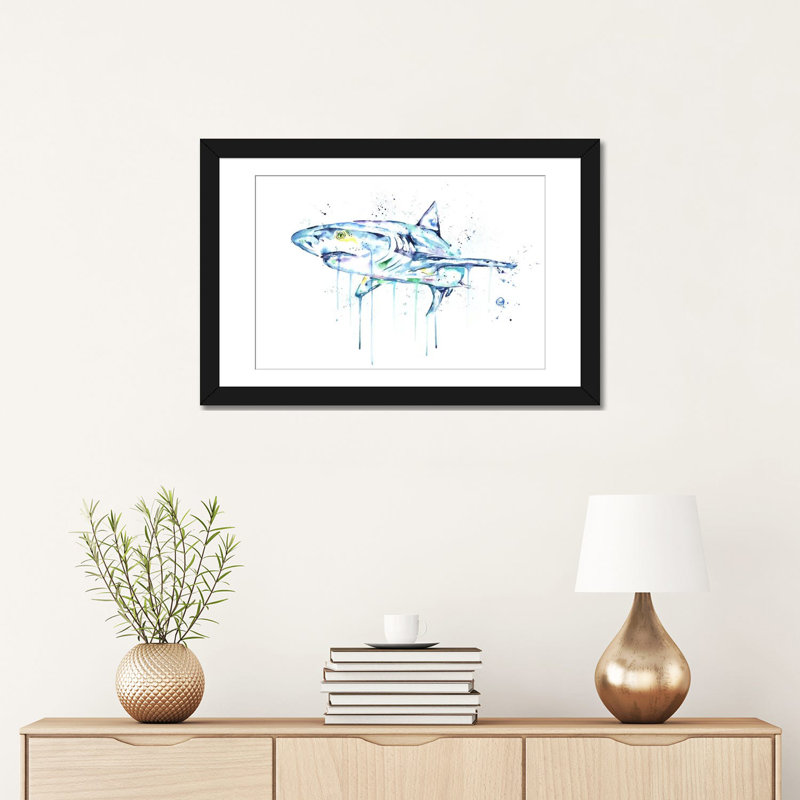 " Shark " by Lisa Whitehouse, 16" H x 24" W x 1" D, Black Framed Paper, White