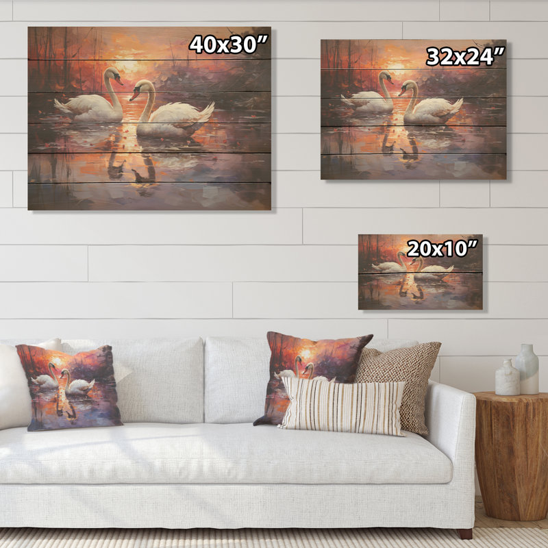 Swan Lake Twilight - cygnes, art sur bois de pin naturel, H 10 po x l 20 po