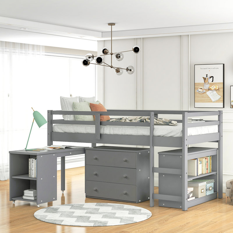 Low Study Twin Loft Bed with Cabinet and Rolling Portable Desk, Gray