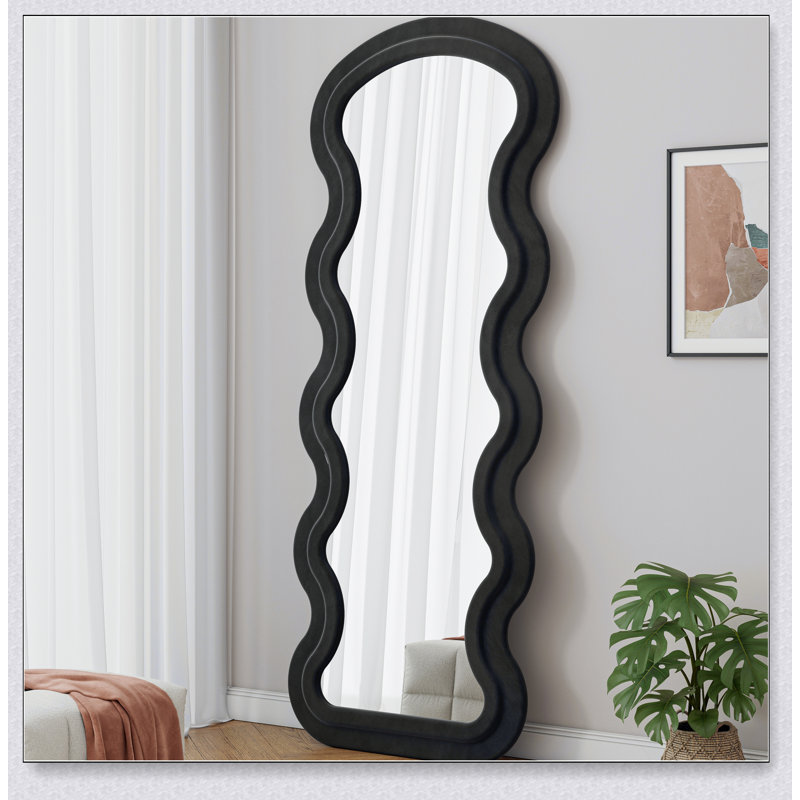 Flannel Full Length Wave Floor Mirror For Bedroom And Living Room, Hanging Or Leaning, Black, Aluminum, Black