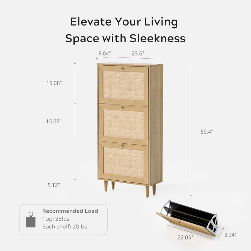18 Pair Solid Wood Shoe Rattan Shoe Cabinet, Entryway Wooden Shoe Rack With 3 Flip, Oak