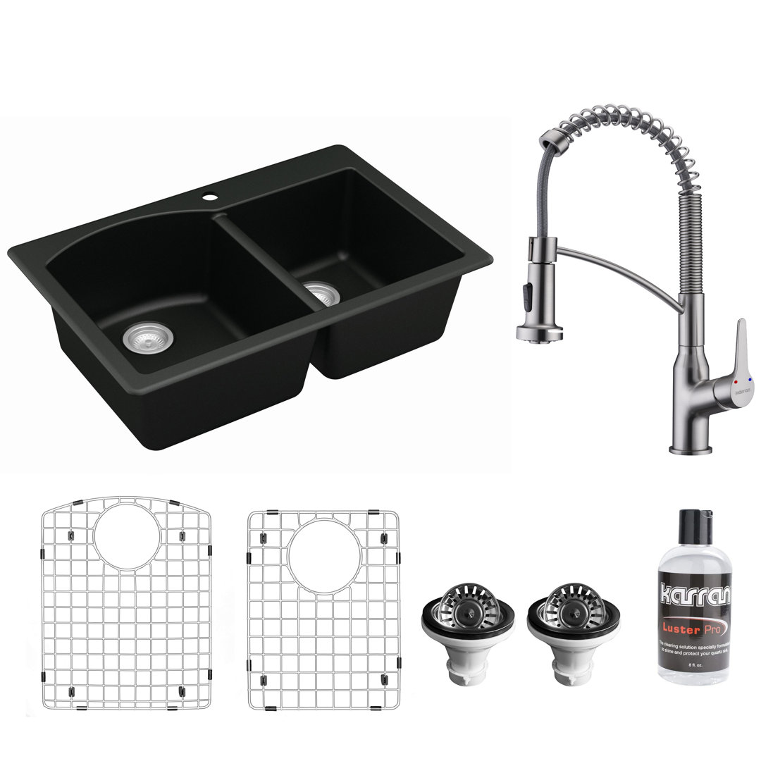 Karran Quartz 33'' X 22'' 60/40 Double Bowl Drop-in Kitchen Sink With KKF210 Faucet in Stainless Steel Karran
