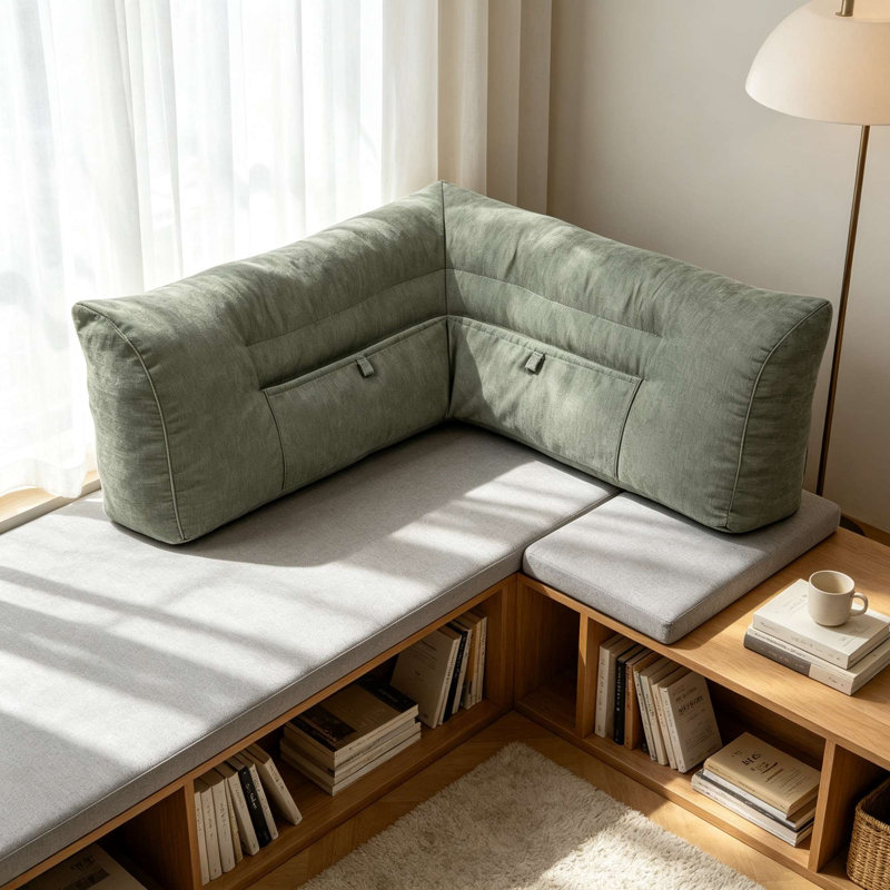 Coussin de lecture en forme de L de 89 cm (35 pouces) avec support à 3 zones et revêtement en chenille, coussin de dossier triangulaire pour lit et canapé