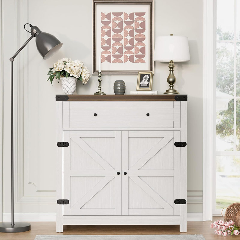 Buffet avec rangement, armoire-bar Farmhouse avec 1 tiroir et 2 portes de grange, console avec porte de grange, armoire de rangement pour la cuisine, la salle à manger, le vestibule