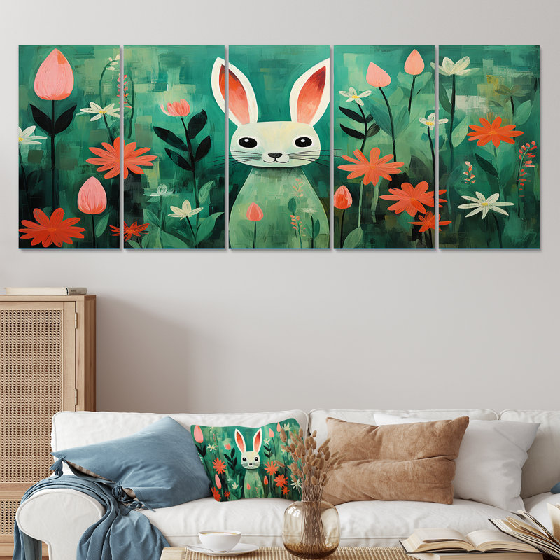 Art mural de lapin vert et rose avec fleurs 5 pièces pour salon, H 28 po x l 60 po