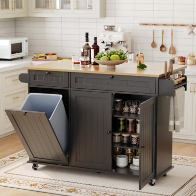 GarveeHome 55" Mobile Island Table with Drop Leaf, Kitchen Rolling Island with Spice Rack & Towel Rack, Knife Holder, Kitchen Island Cart with Trash Storage Cabinet Black