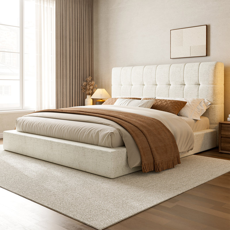 Lit plateforme tapissier touffeté, Beige, Queen