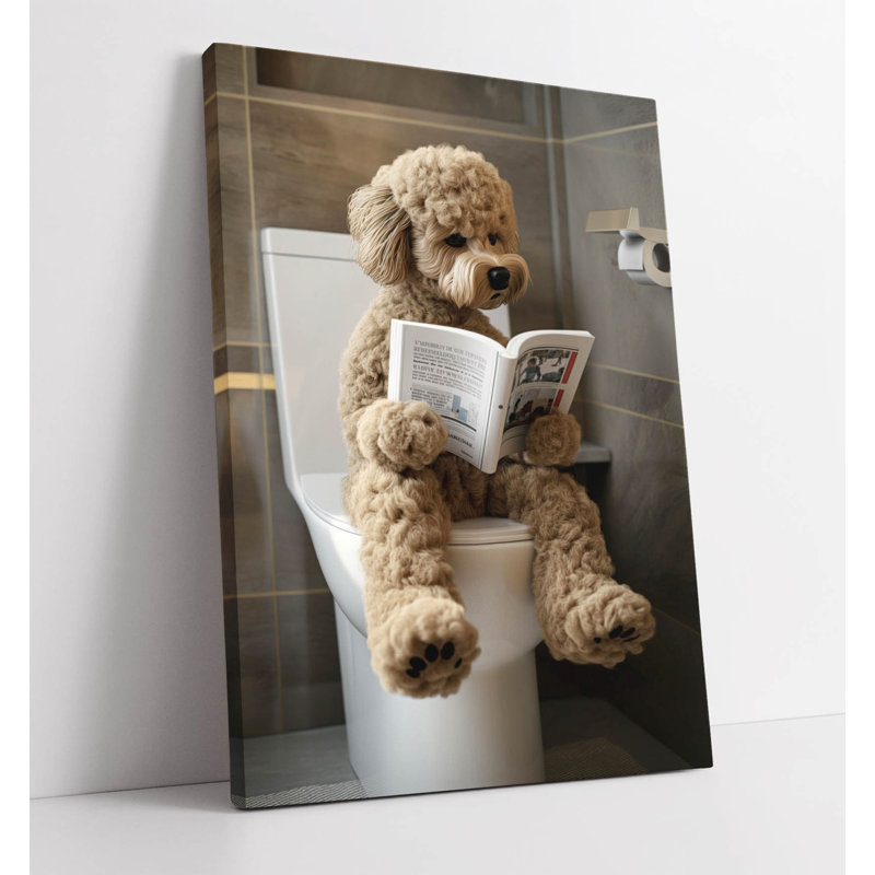 Funny Cockapoo Dog Reading Book On Toilet Canvas Wall Art Print Picture , 61 cm H x 41 cm W