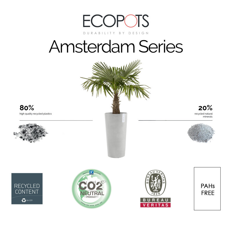 EcoPots Amsterdam Durable Indoor/Outdoor Modern Mid High Recycled Plastic Planter Flower Pot, White Gray