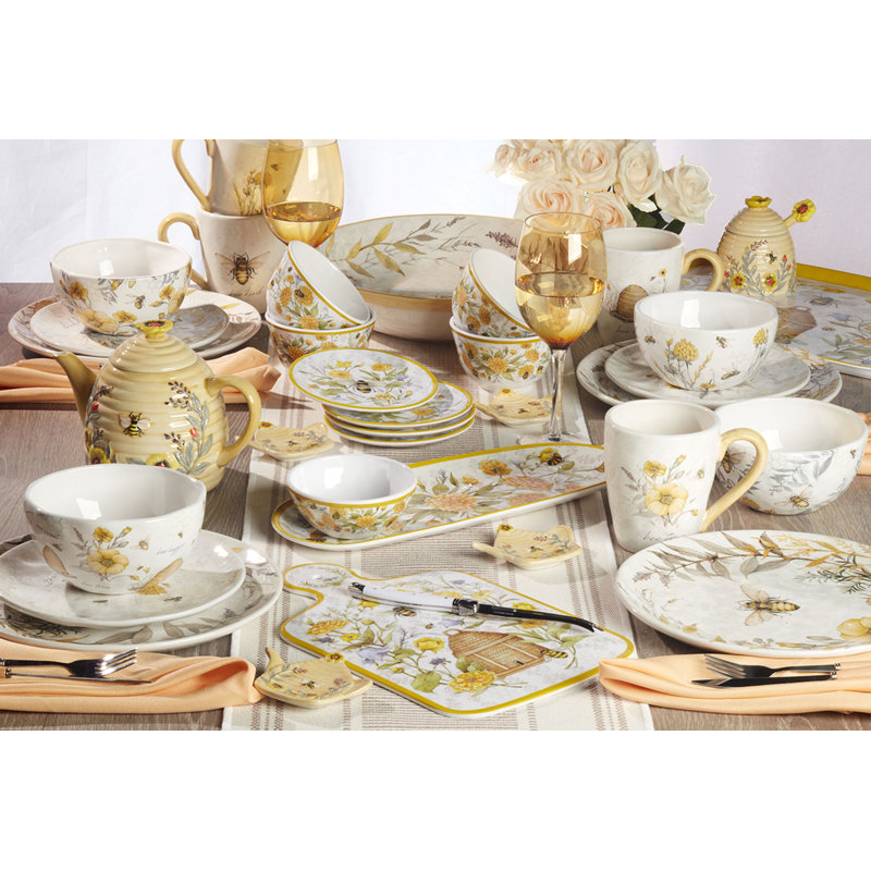 Bee Sweet White Ceramic Floral Print Mug Set of Four