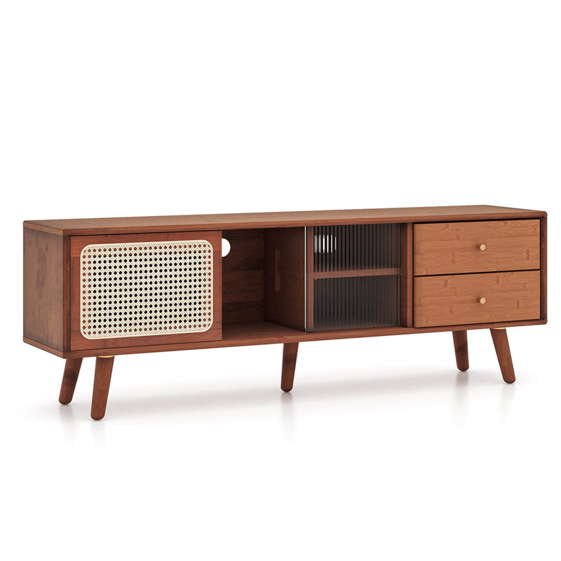 George Oliver Bamboo Tv Stand Console Table With Pe Rattan Door & 2 Drawers For Tv Up To 65" Brown