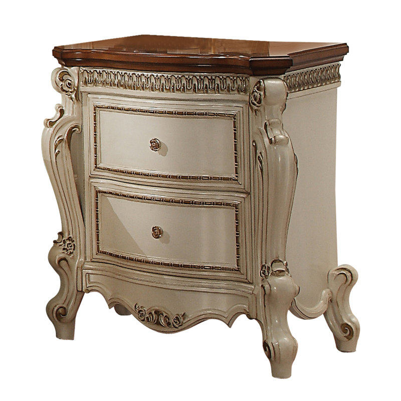 Table de chevet 2 tiroirs, Blanc / Brun