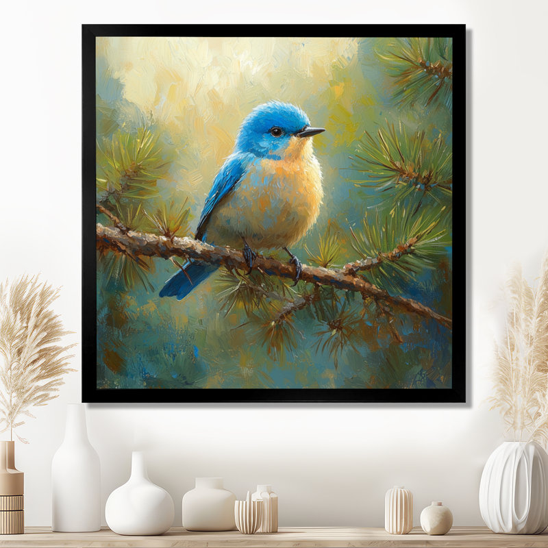 «Cheery Bluebird In The Pines I», art mural oiseau, Reproduction encadrée d'une seule photo, Noir, H 16 po x l 16 po