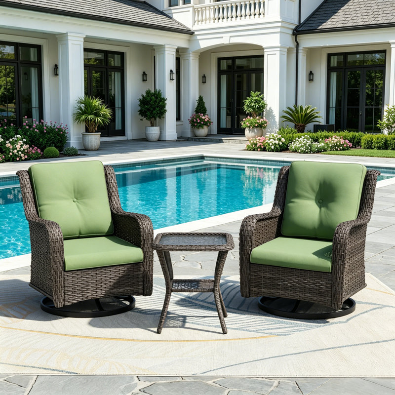 2-Person Outdoor Patio Conversation Rattan Seating Group With 1 Coffee Table,2 Swivel Chairs and Green Cushions, Green