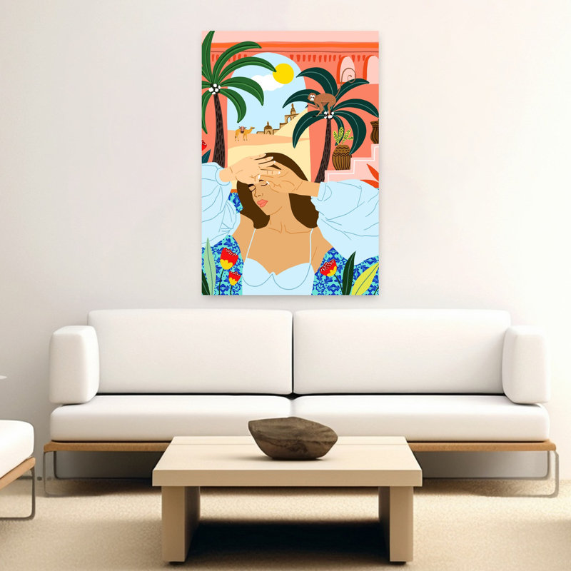 Ensoleillé, désert, rêves, coloré, vibrant, palmier abstrait, architecture de singe, art mural, 60" H x 40" W