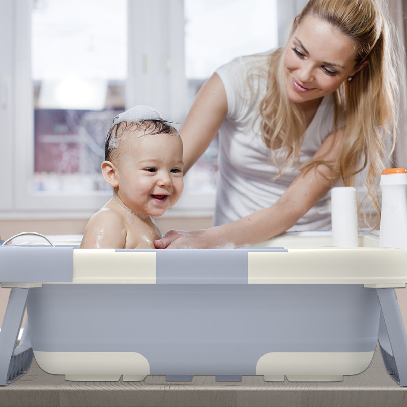 Foldable Baby Bath Tub Newborn Support Seat with Cushion & Thermometer Collapsible Infant Bathtub with Digital Display Soft Star Mat, Non-Slip Feet for Travel & Indoor Use