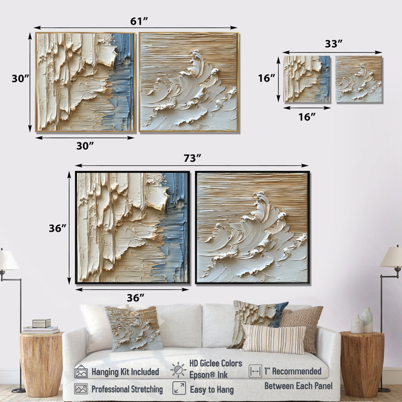 «Ascendant Light of Cream Waves Waters III» - art mural moderne - ensemble d'art mural abstrait 2 pièces, H 16 po x l 33 po