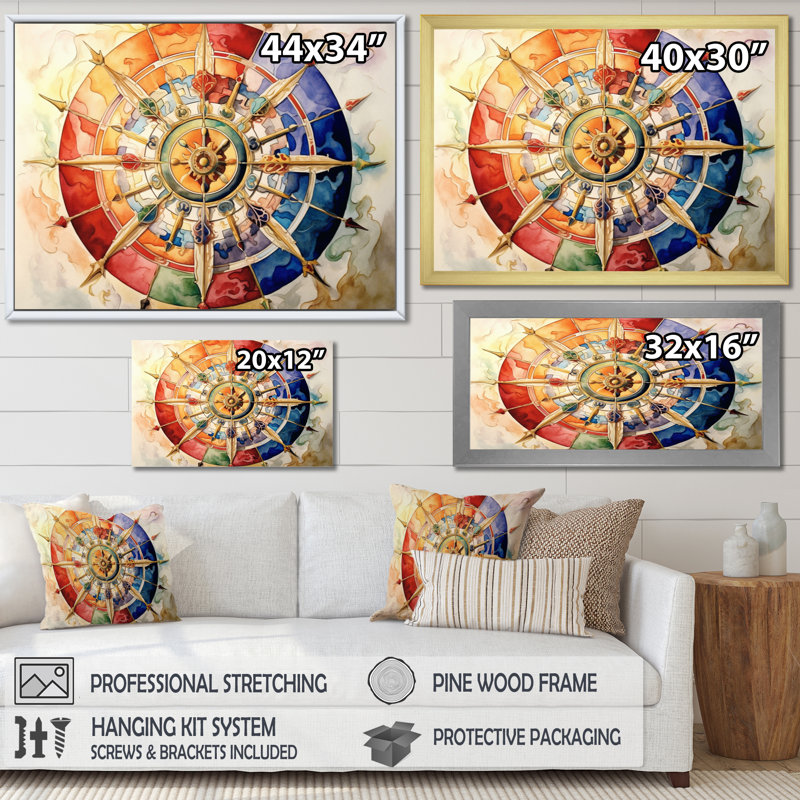 La roue religieuse du dharma sur toile, H 24 po x l 32 po x P 1 po, Cadre naturel flottant
