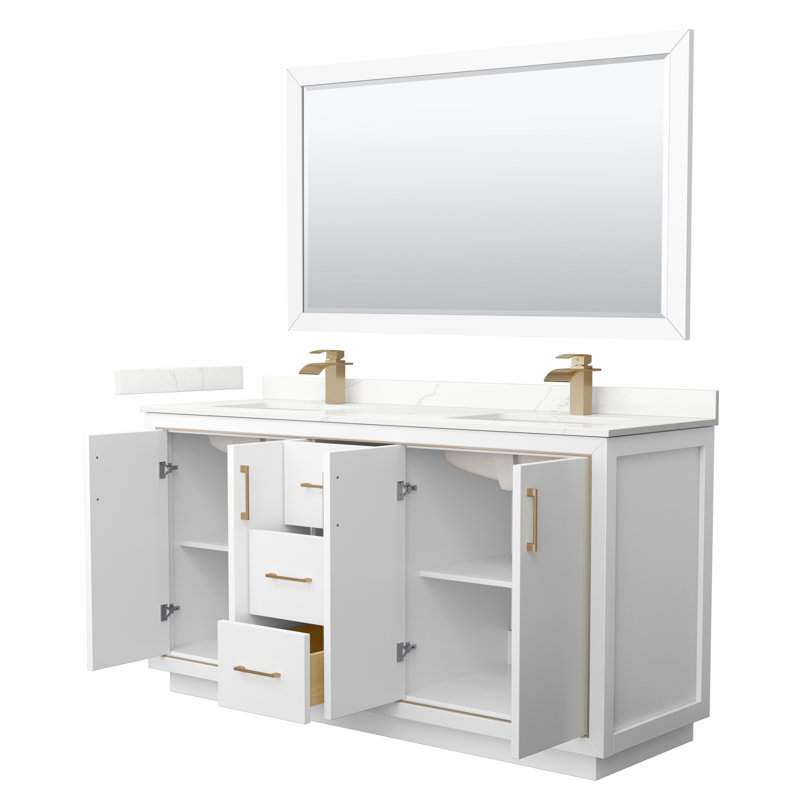 Meuble-lavabo double autoportant 66 po avec plateau en quartz 66 po, Quartz Giotto, Gris foncé, Noir mat